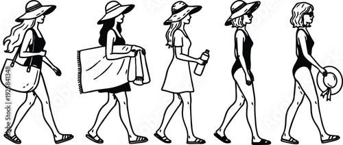 Line art side view five women walking at beach carrying tote beach towel water bottle sun hat in summer wearing swimsuits