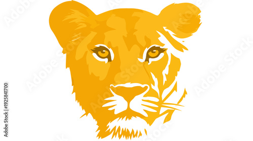 Simplified, golden illustration of a lioness' face in a front-facing perspective, against a white background