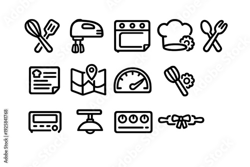 Collection of black line icons for kitchen appliances and cooking tools including whisk mixer oven chef hat recipe card and rolling pin