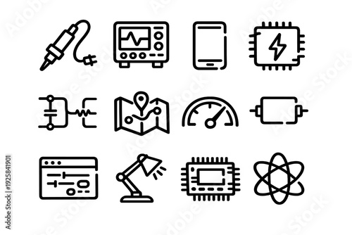 Set of electronics and engineering line icons featuring soldering iron oscilloscope microchip circuit diagram and technology symbols