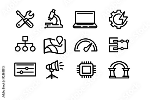 Black line icons representing technology science engineering and digital infrastructure on a white background