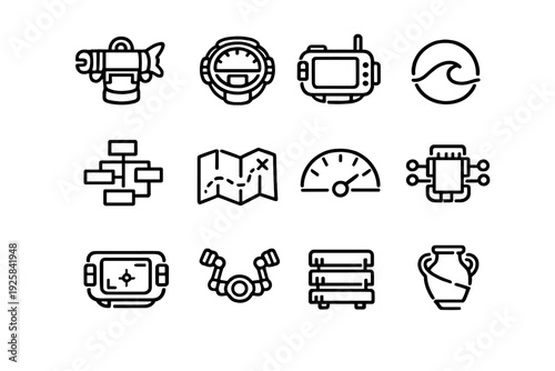 Minimalist black line icons representing technology navigation tools data structures and ancient artifacts on a plain white background