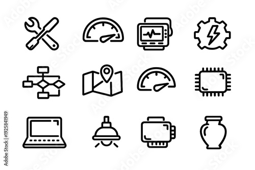 Set of technical and industrial line icons featuring tools electronics energy and navigation symbols on white background