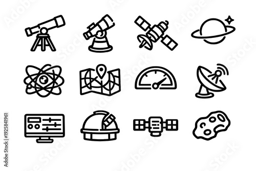 Astronomy and space exploration line icon set featuring telescope satellite planet observatory and scientific equipment symbols