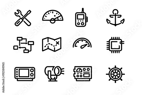 Set of black line icons representing navigation technology and industrial tools including anchor map speedometer and microchip