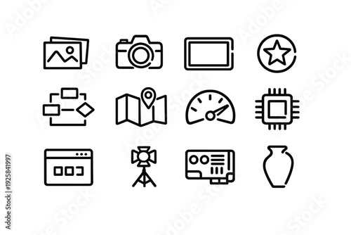 Set of black line icons representing technology photography navigation and creative design elements on white background