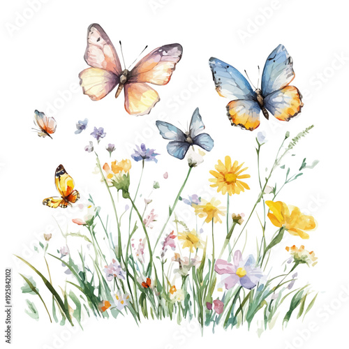 Spring Meadow With Buzzing Butterflies, vector watercolor, painting isolated on a white background.