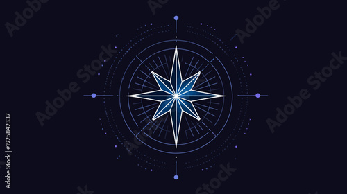A geometric illustration of a compass rose in shades of blue against a dark blue background