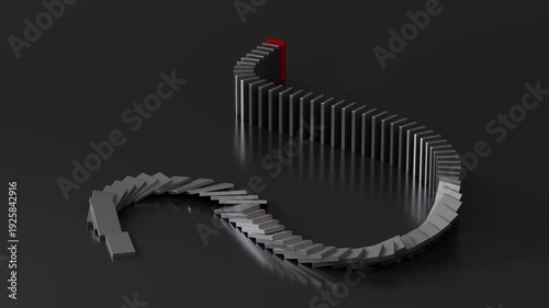 Dark dominoes falling in a chain reaction on a black background, representing cause and effect. 3d rendering