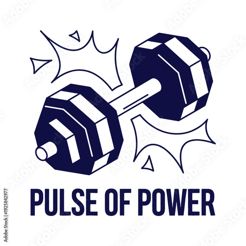 Pulse of Power design features a dynamic, stylized dark blue dumbbell for energetic.