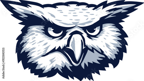 Simplified illustration of a stern-looking owl, rendered in shades of white, gray, and dark blue
