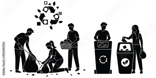 Ecology Protection Concept Showing People Collecting Waste and Reducing Pollution Illustration