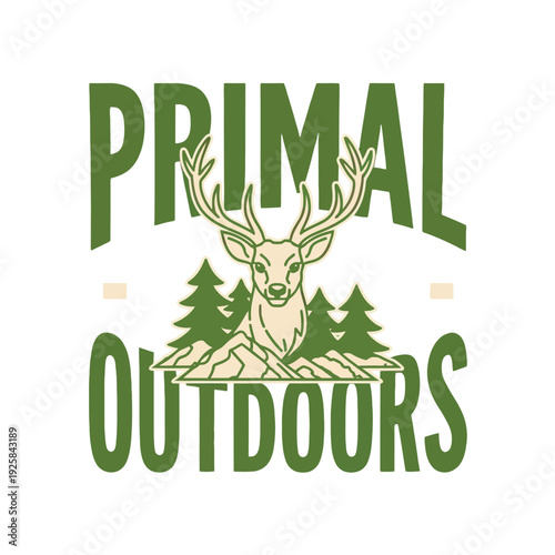 Deer logo graphic displays prominent antlers above forest setting with bold outdoor.