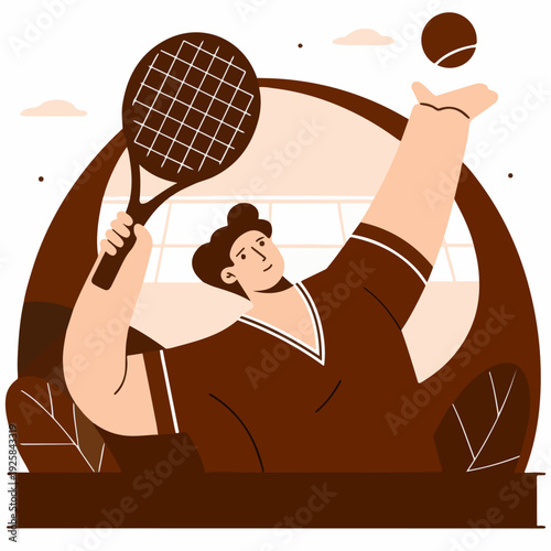 Retro cartoon illustration of a businessman as a tennis player holding a racket and hitting a ball like a worker using a sport tool
