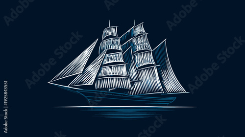 Stylized, nautical illustration of a tall sailing ship on a dark blue background