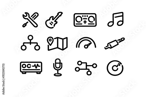 Collection of minimalist black line icons representing music production audio equipment and technical tools