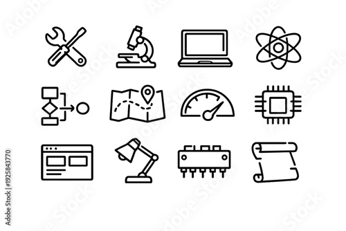 Collection of science and technology line icons including microscope atom microchip laptop and tools for engineering and research projects