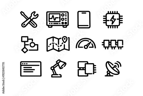 Set of technology and engineering line icons including tools microchip oscilloscope satellite dish and flowchart on white background