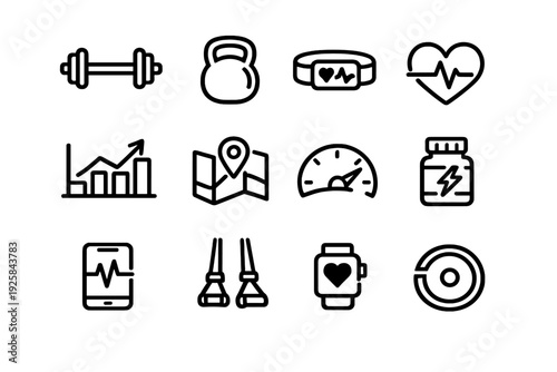 Fitness and gym icon set featuring workout equipment health tracking tools and sports nutrition symbols on white background