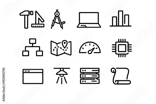 Set of business and technology line icons including tools, computer, data charts, map, processor, and server on white background