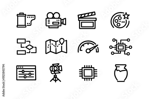 Set of minimalist black line icons representing film production technology navigation and creative design elements on a white background