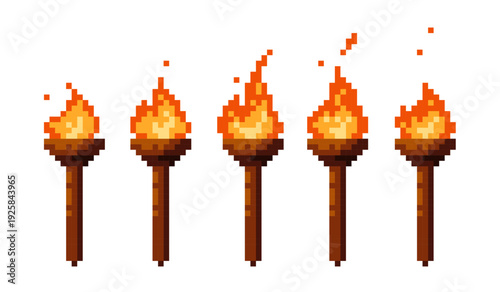 Pixel torch animation set. Pixelated fire flame in retro style for 8 bit arcade game