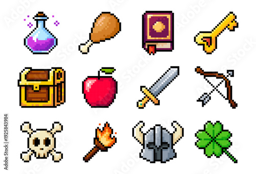 Pixel art game icons Set. Pixelated vector illustration isolated on white background. Arcade game items. Game resources in retro 8 bit style