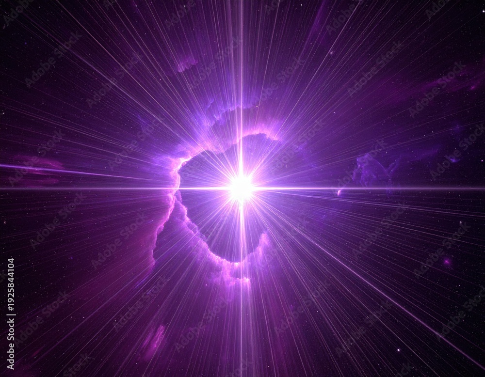 Fototapeta premium Cosmic explosion with purple hues and radiant light in a vast galaxy for sci-fi and digital art concepts.