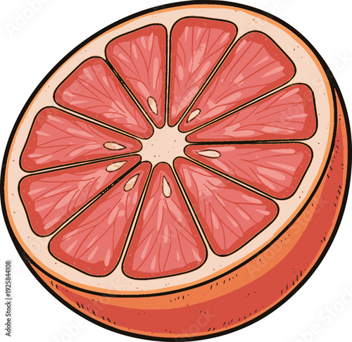 professional vector of a grapefruit cut in half showing pink pulp and seeds with hand drawn style ink outlines and vibrant internal fills for nutrition