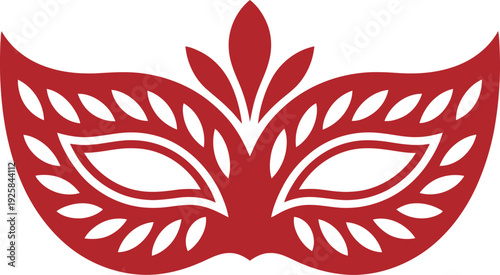 Red Venetian carnival mask vector illustration. Ornate masquerade mask with decorative patterns and eye openings. Created in flat graphic style with a solid red color.