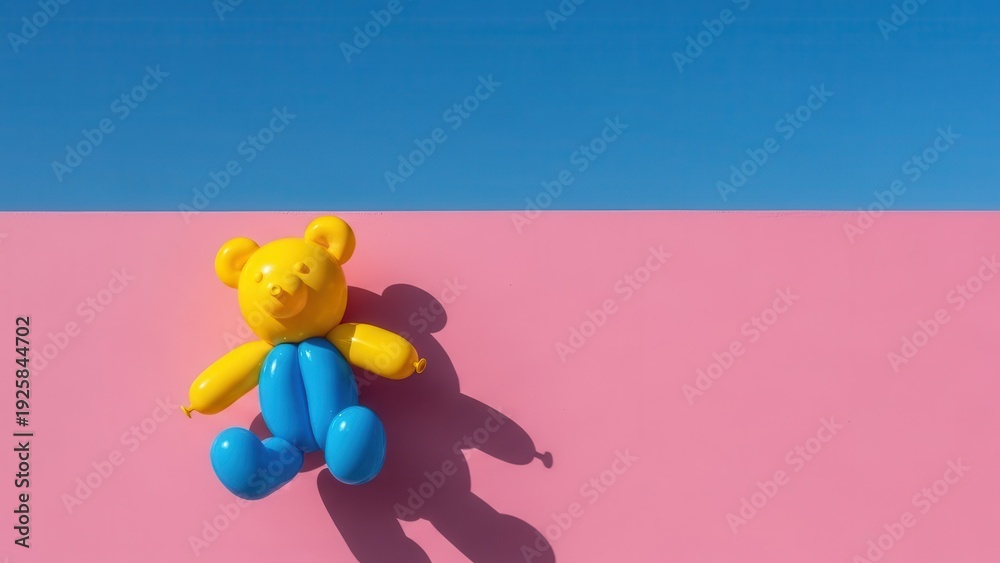 Obraz premium Yellow and blue teddy bear balloon toy lying on pink surface under clear blue sky