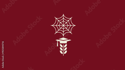 A burgundy background with white illustrations of a spiderweb, graduation cap, and wheat