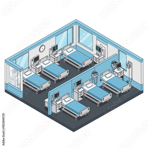 Isometric Hospital Ward with Multiple Beds and Medical Equipment.