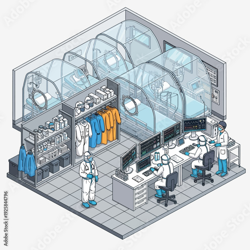 Isometric view of a high-tech laboratory with scientists in protective suits.