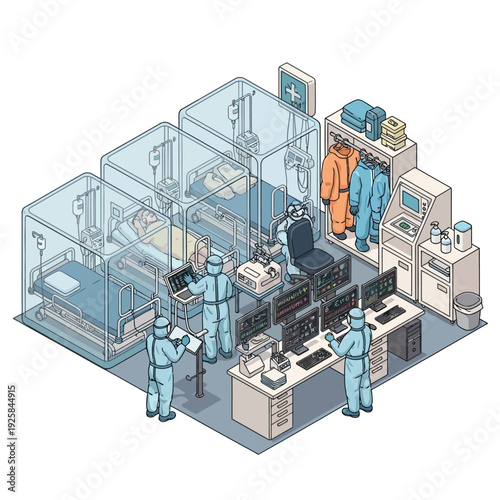 Medical professionals in hazmat suits monitoring patients in isolation units.