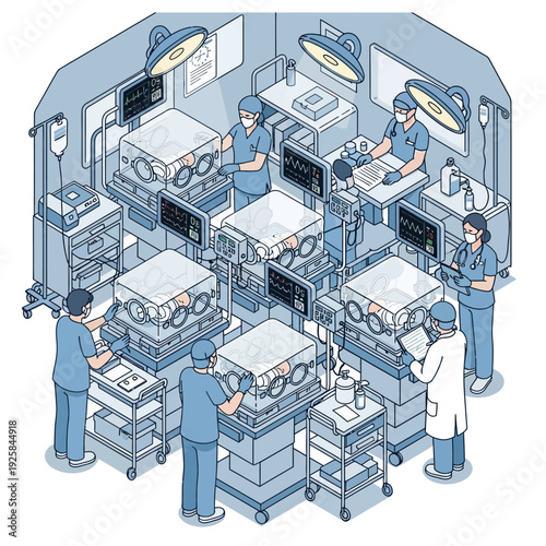 Medical professionals caring for newborns in a neonatal intensive care unit.