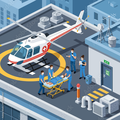 Medical team transferring patient from helicopter to hospital.