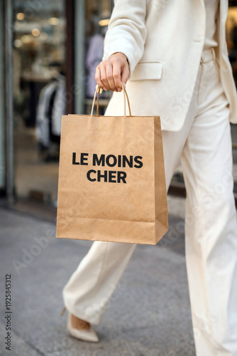 Person holding a kraft paper shopping bag with the French text “Le moins cher”, meaning “the cheapest”. Concept of shopping, low prices, discount, bargain, retail promotion and consumer choice. in ia