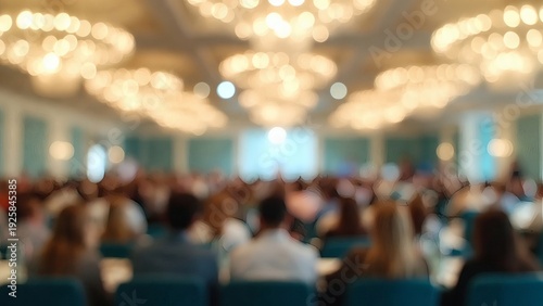 Blurred image of a large gathering of people in a well-lit conference hall with chandeliers overhead