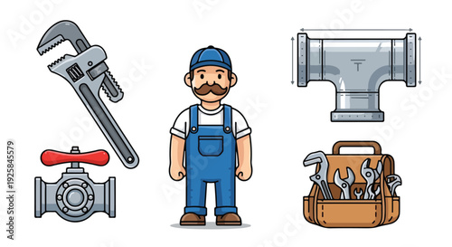 Illustration of a plumber with a tool bag, wrench, pipe, and valve on a white background, conveying a professional and industrial mood.
