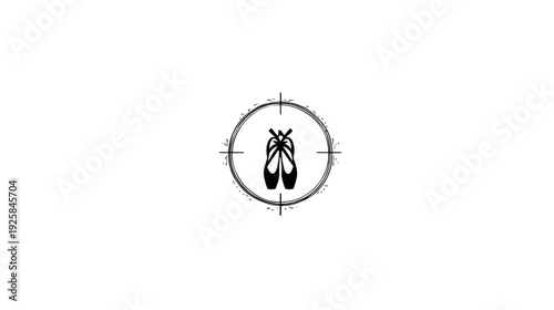 Black outline of ballet shoes inside a circle, with a floral border and crosshairs