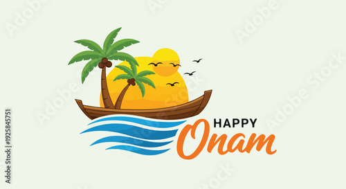 Graphic design for Onam celebration with palm trees and traditional boat on water