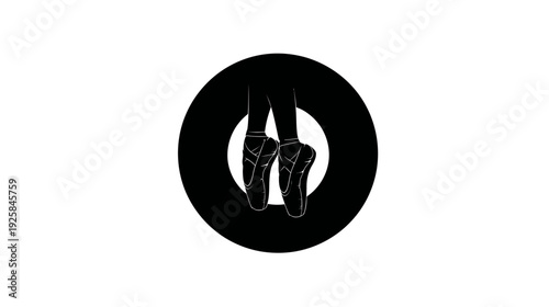 Ballet silhouette of feet in point shoes centered in a black circle with white background