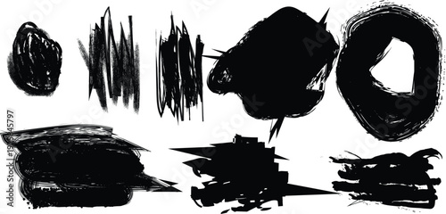 A collection of abstract black ink blots and splatters on a white background