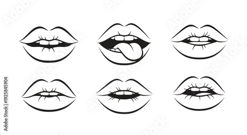 A set of six black and white illustrations of various lip expressions on a plain white background.