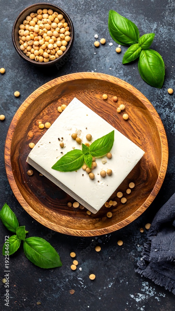 Fototapeta premium Still life block tofu on wood plate, with soybeans, basil, on dark textured backdrop