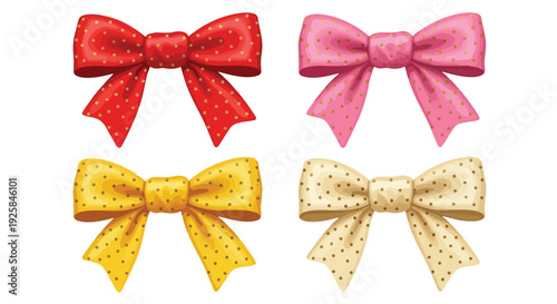 Four colorful bows in red, pink, yellow, and beige with polka dots against a clean white background in a flat lay composition.