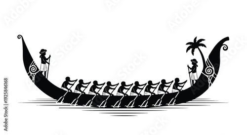Black silhouette illustration of a traditional dragon boat with rowers and decorative figures on a white background.