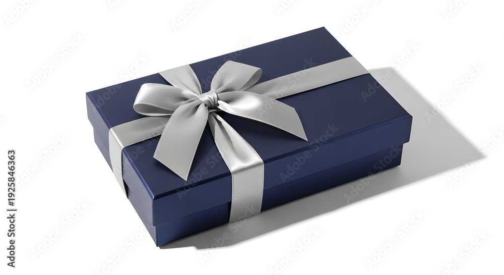 Fototapeta premium Elegantly wrapped dark blue gift box adorned with a shimmering silver ribbon and bow, ready to present a thoughtful surprise for any special occasion or celebration