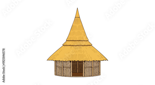 A traditional thatched roof hut with a conical spire against a plain white background.